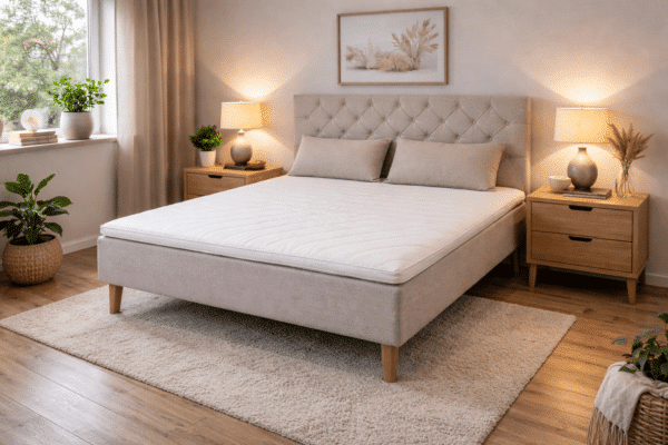 med sengegavl og 2 puder Boxmadras 140x200 cm